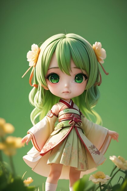 Handmade sculpture of beautiful woman character model on green background cartoon girl illustration