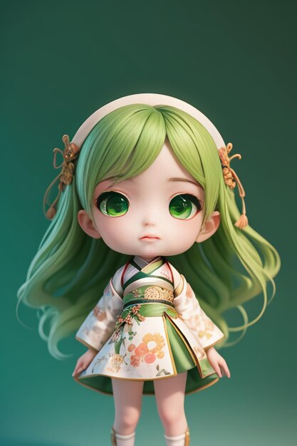 Handmade sculpture of beautiful woman character model on green background cartoon girl illustration