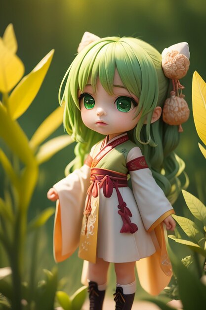 Handmade sculpture of beautiful woman character model on green background cartoon girl illustration