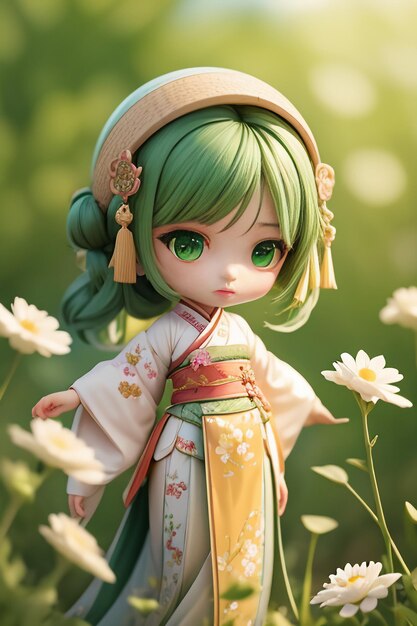 Handmade sculpture of beautiful woman character model on green background cartoon girl illustration