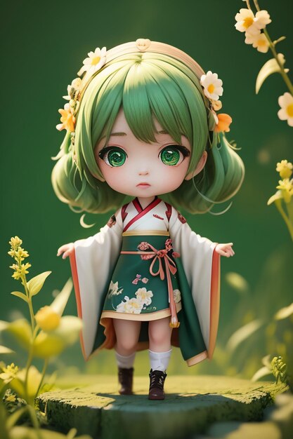 Handmade sculpture of beautiful woman character model on green background cartoon girl illustration
