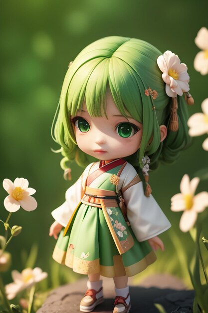 Handmade sculpture of beautiful woman character model on green background cartoon girl illustration