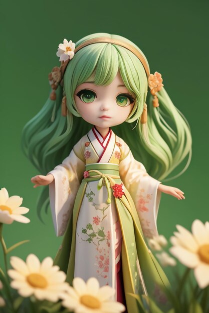 Handmade sculpture of beautiful woman character model on green background cartoon girl illustration