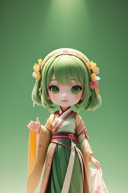 Handmade sculpture of beautiful woman character model on green background cartoon girl illustration