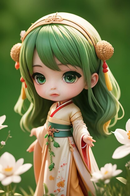 Handmade sculpture of beautiful woman character model on green background cartoon girl illustration