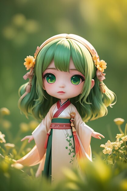 Handmade sculpture of beautiful woman character model on green background cartoon girl illustration