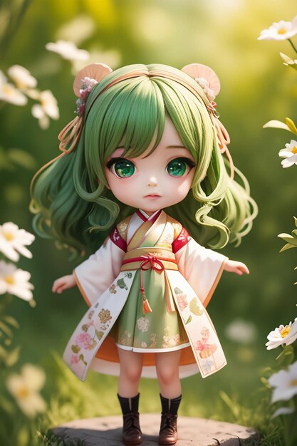 Handmade sculpture of beautiful woman character model on green background cartoon girl illustration