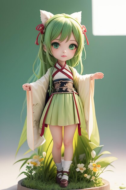 Handmade sculpture of beautiful woman character model on green background cartoon girl illustration