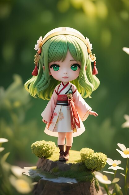 Handmade sculpture of beautiful woman character model on green background cartoon girl illustration