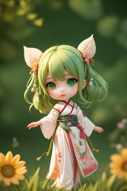 Handmade sculpture of beautiful woman character model on green background cartoon girl illustration