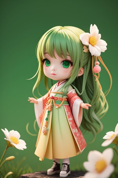 Handmade sculpture of beautiful woman character model on green background cartoon girl illustration