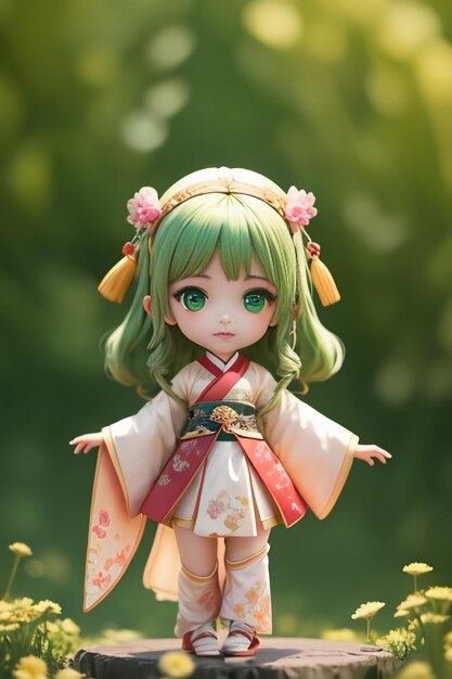 Handmade sculpture of beautiful woman character model on green background cartoon girl illustration