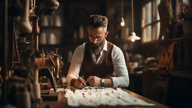 手作りの靴 成熟した男性 裁縫師や靴屋が 職場で茶色の皮を測定し 切る