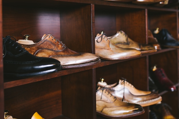 Handmade shoes in shoemaker's workshop.