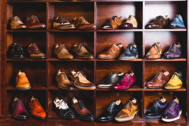 Handmade shoes in shoemaker's workshop.