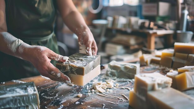 Handmade soap bars Woman making natural organic soap Small business owner working in her studio