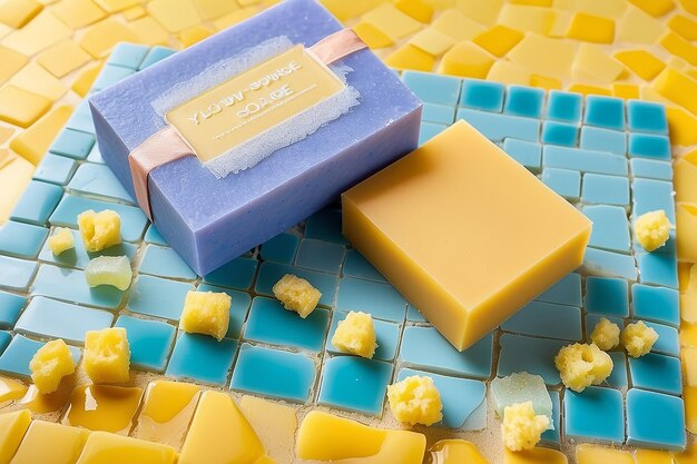 Handmade soap bars yellow sponge laying balancing on mosaic background