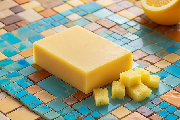 Handmade soap bars yellow sponge laying balancing on mosaic background