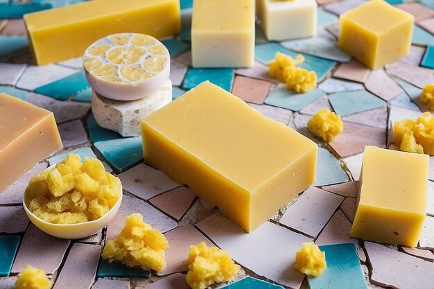 Handmade soap bars yellow sponge laying balancing on mosaic background