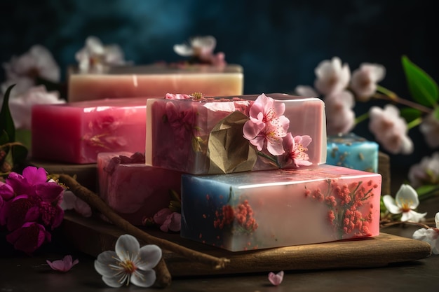 handmade soap for gift with spring floral background ai generative