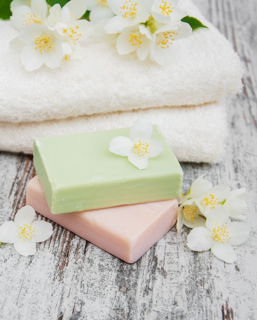 Handmade soap and jasmine flowers