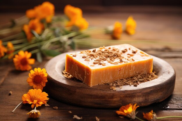 Handmade soap with calendula and sea buckthorn displayed on a wooden background