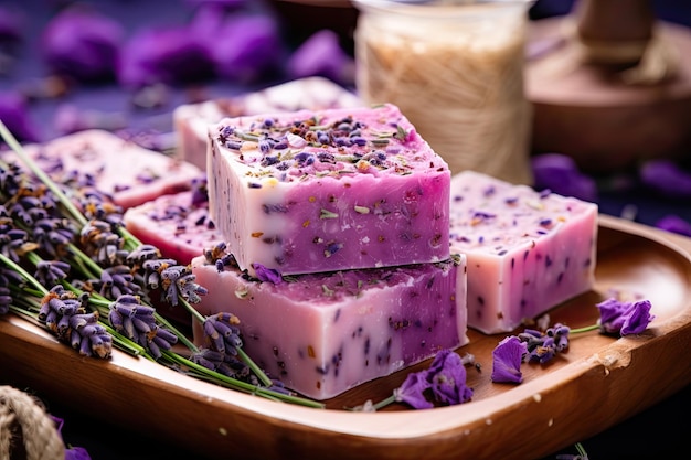 Handmade Soaps with Lavender Bunch Natural and Fresh Products of Cosmetics and Body Care