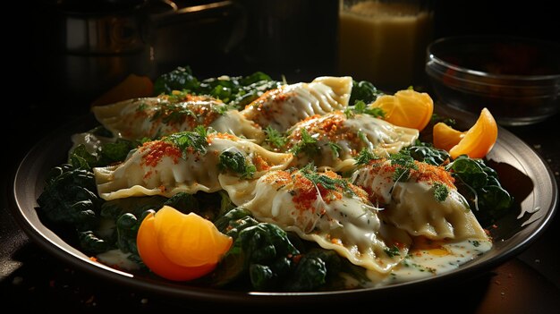 Handmade stuffed ravioli ricotta spinach sauce cheese etc