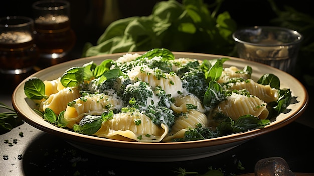 Foto ravioli ricotta ripieni fatti a mano, salsa di spinaci, formaggio ecc.