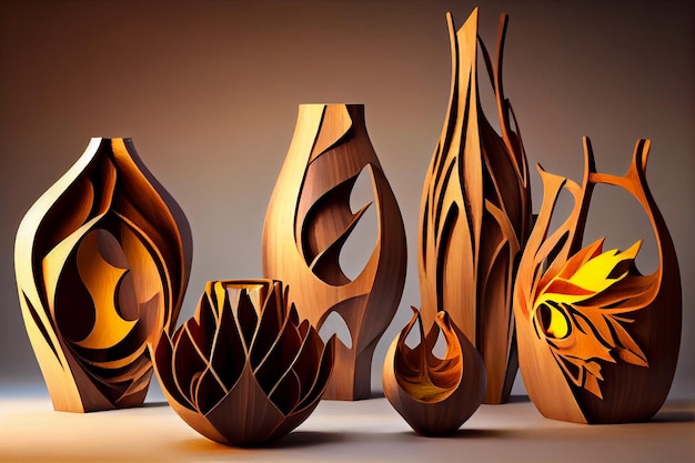 Handmade stylish wooden vases handicraft art in wood illustration Generative AI