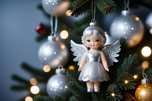 Photo handmade toy angel on the christmas tree