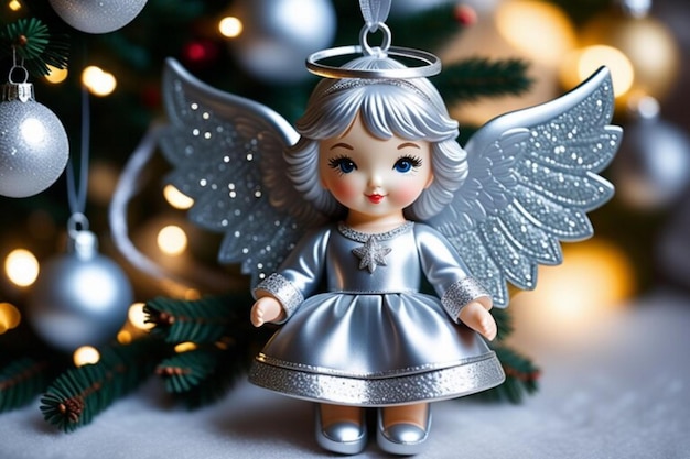 Photo handmade toy angel on the christmas tree