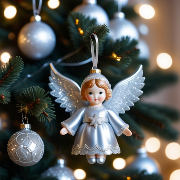 사진 크리스마스 트리에 손으로 만든 장난감 천사