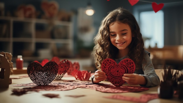 Handmade Valentine cards being made in class by diverse students heart shape Generative AI