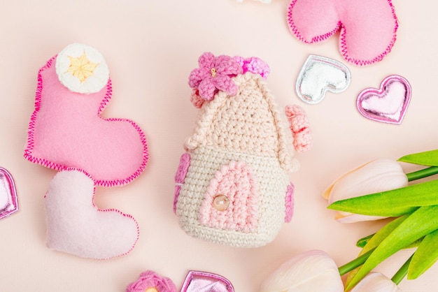 Handmade Valentines Day concept Creative spring crocheting hou