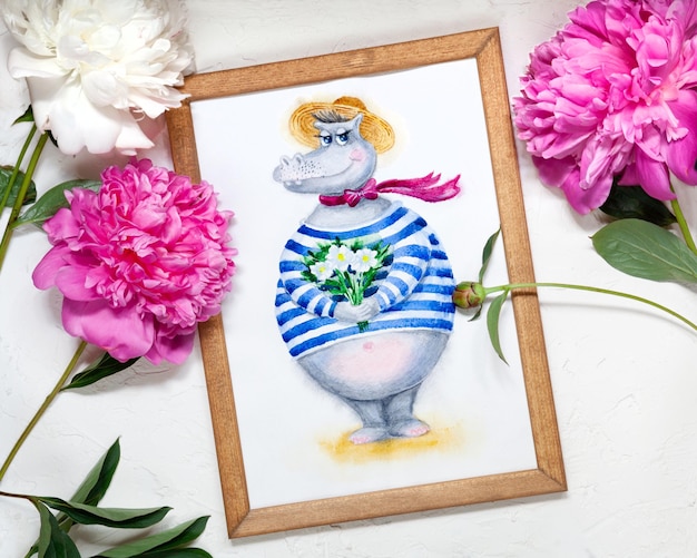 Handmade watercolor cute hippo illustration with peony flowers, creativity concept