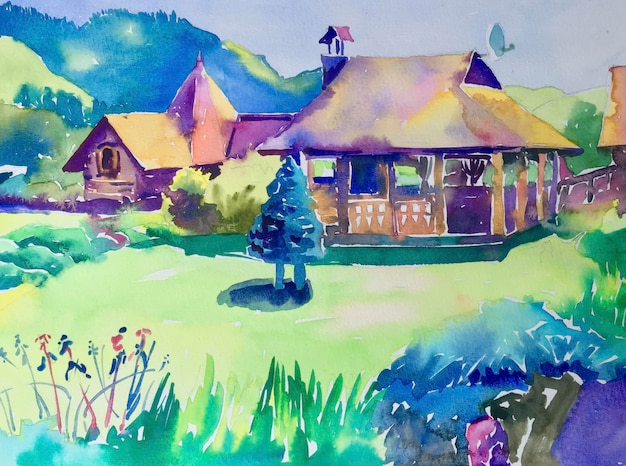 Handmade watercolor painting of rural landscape