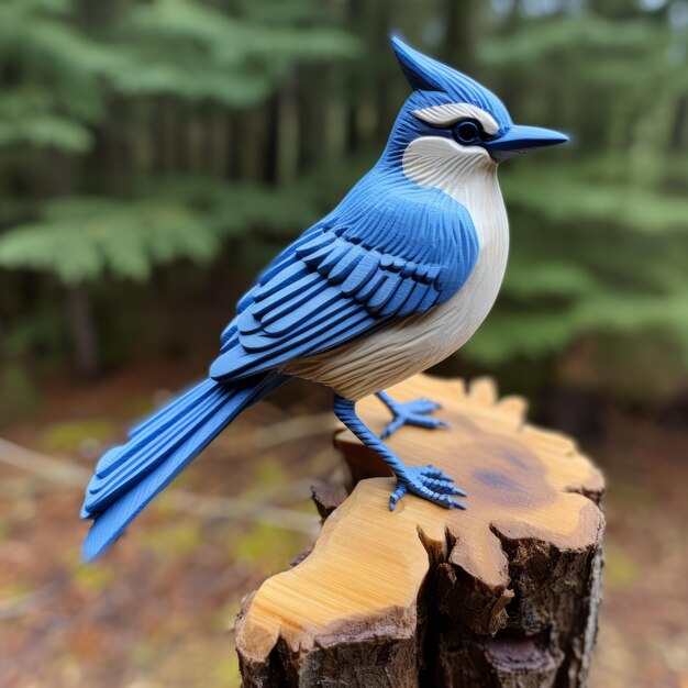 Photo handmade wood carving of blue jay bird figurine art