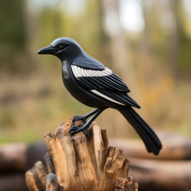 Handmade Wood Carving Of A Magpie Sculpture On Log Unique Artwork