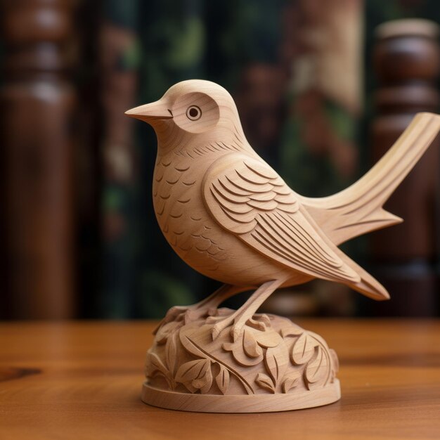 Photo handmade wood carving of a nightingale on wooden base