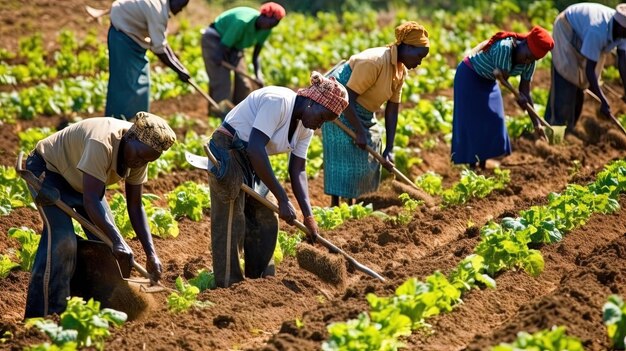 Handmatige oogstproces Afrikaanse dorpelingen werken samen om gewassen te oogsten