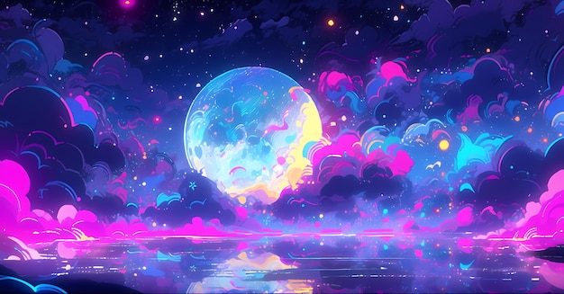Handpainted beautiful and artistic illustration of the moon surrounded by clouds in the sky
