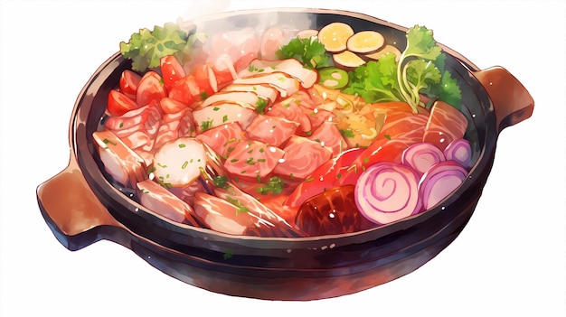 Handpainted cartoon beautiful gourmet hot pot watercolor illustration