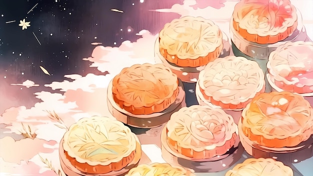 Раскрашенный вручную мультфильм красивый праздник середины осени лунный пирог акварельная иллюстрация