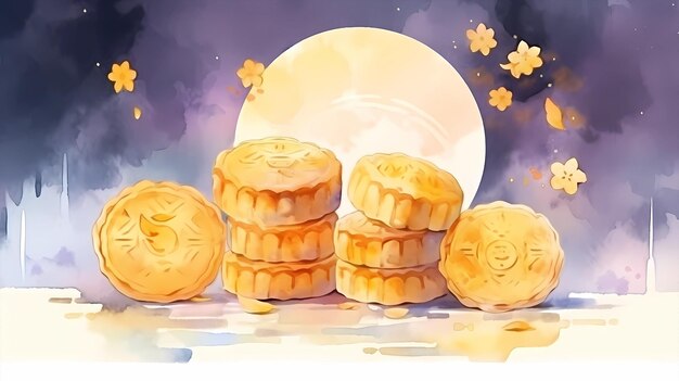 Handpainted cartoon beautiful midautumn festival moon cake watercolor illustration