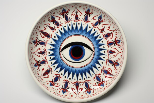 Ручно окрашенная керамическая тарелка с злым глазом на белой стене