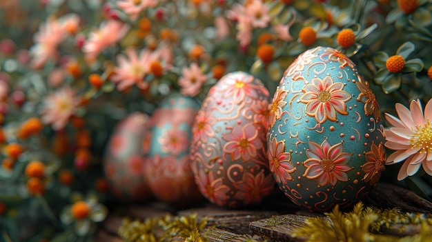 HandPainted Floral Easter Eggs on Rustic Wooden Surface