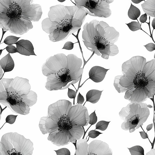 Photo handpainted monochrome pattern with spring watercolor flowers