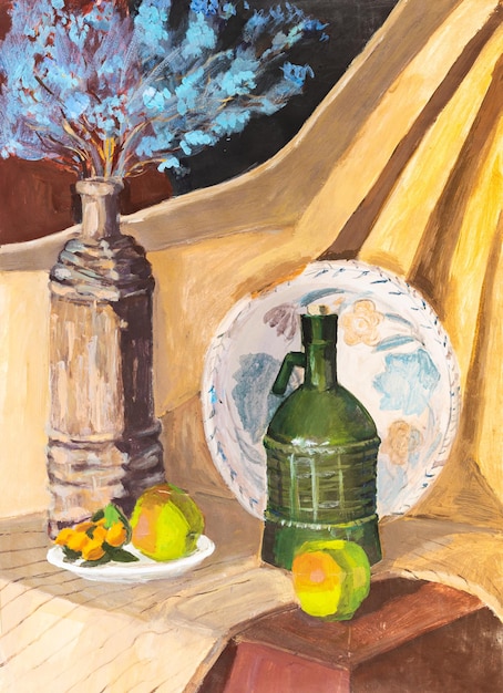 Handpainted still life with bottles and apples