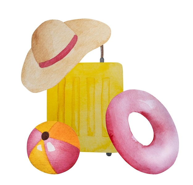 Handpainted watercolor features yellow suitcase beach hat swimming ring and summer ball clipart